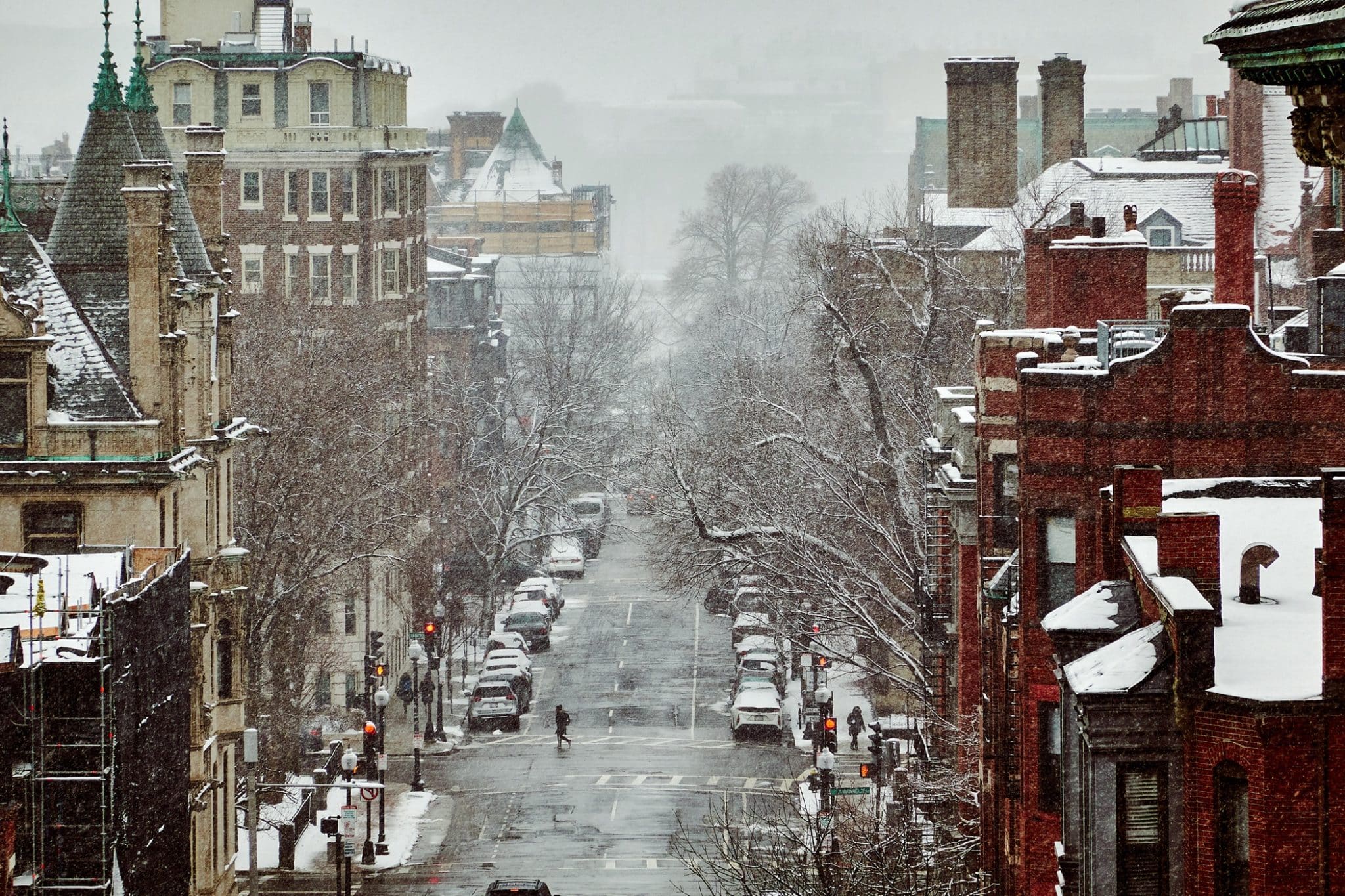 High Angle View Of Street Amidst Buildings During Winter In Backbay Boston